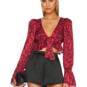 NWT For Love & Lemons SMALL Funky Floral Red Flare Davina Tie Front Blouse